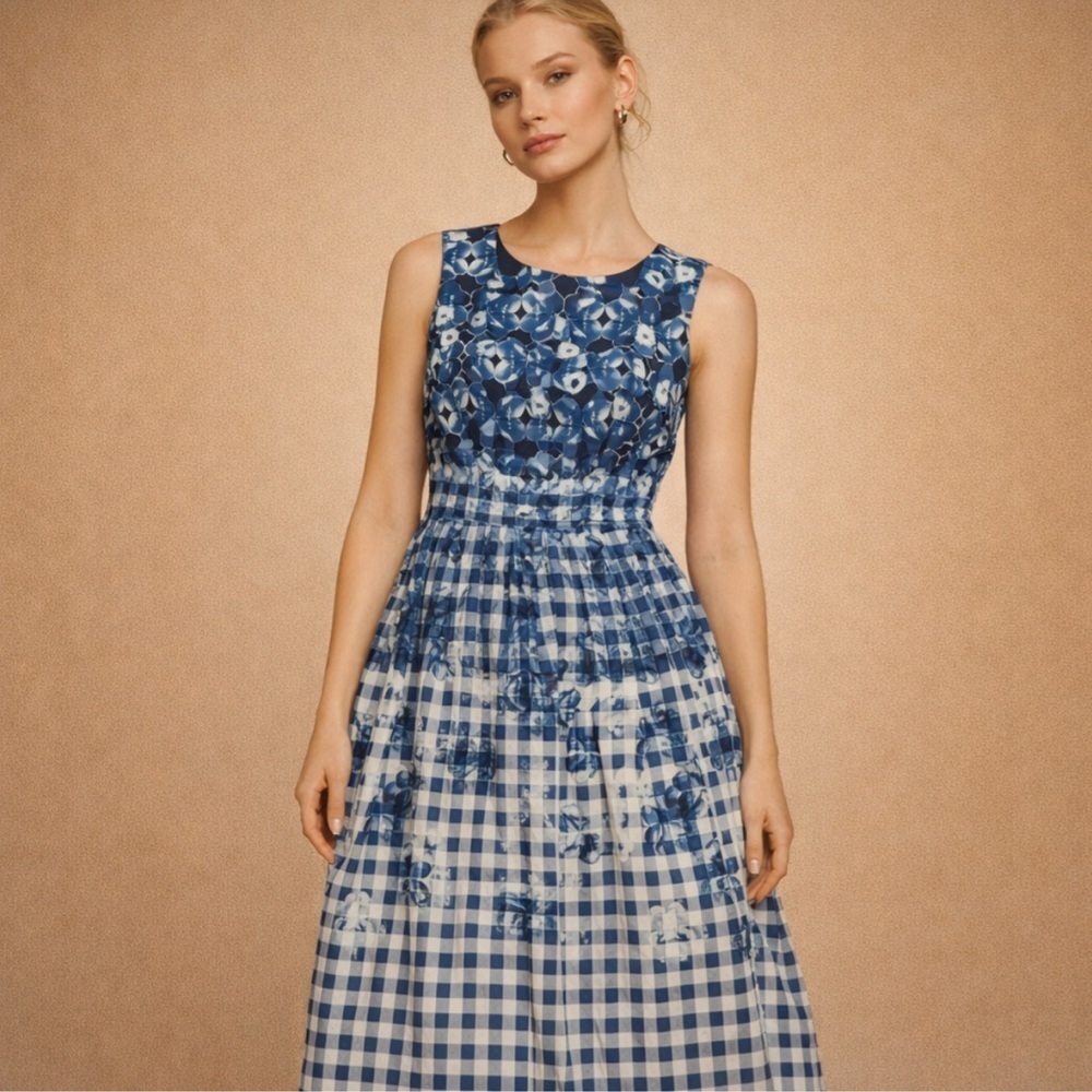 Talbots Navy and White Floral-Gingham Maxi Dress Fit & Flare Size 8